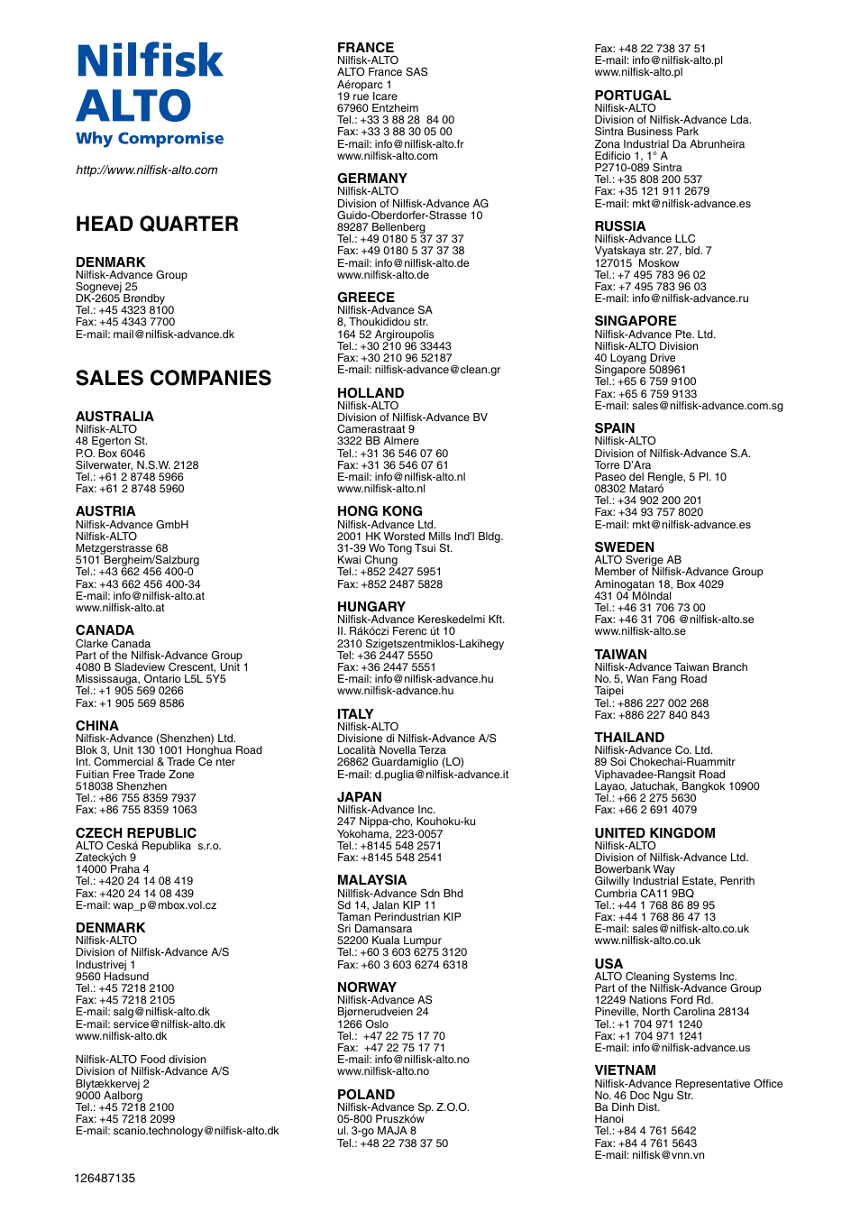 Head quarter, Sales companies | Nilfisk-ALTO E 130.1 User Manual | Page 19 / 19