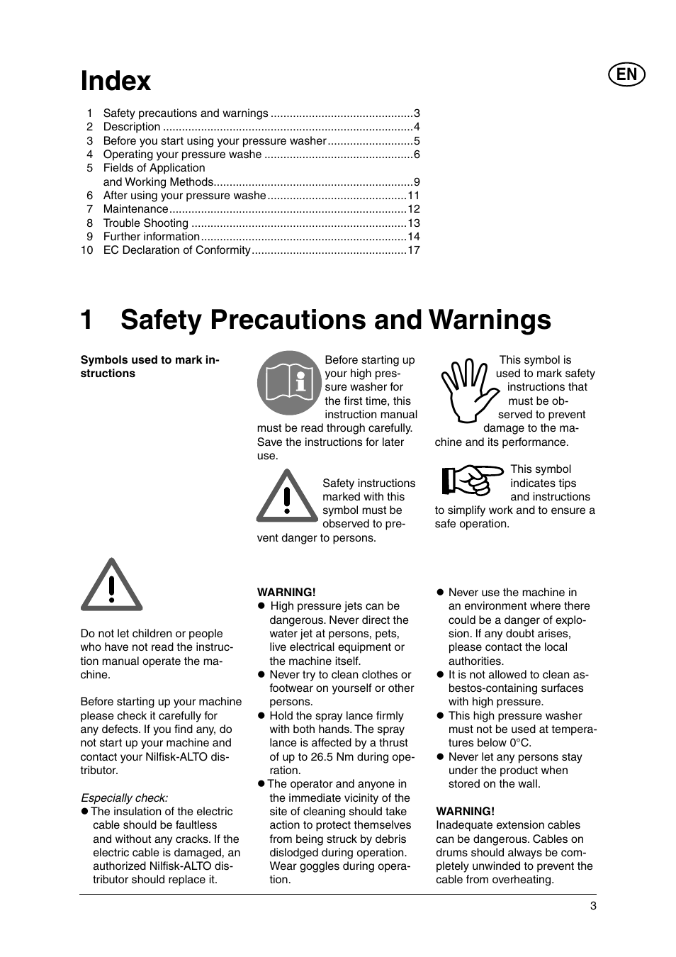 Index, 1 safety precautions and warnings | Nilfisk-ALTO E 130.1 User Manual | Page 3 / 19
