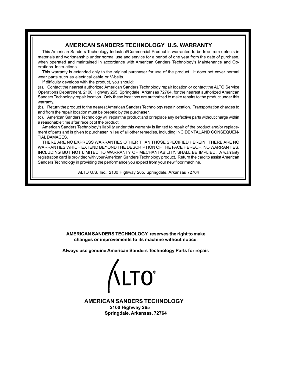 American sanders technology u.s. warranty | Nilfisk-ALTO American 12 User Manual | Page 30 / 30