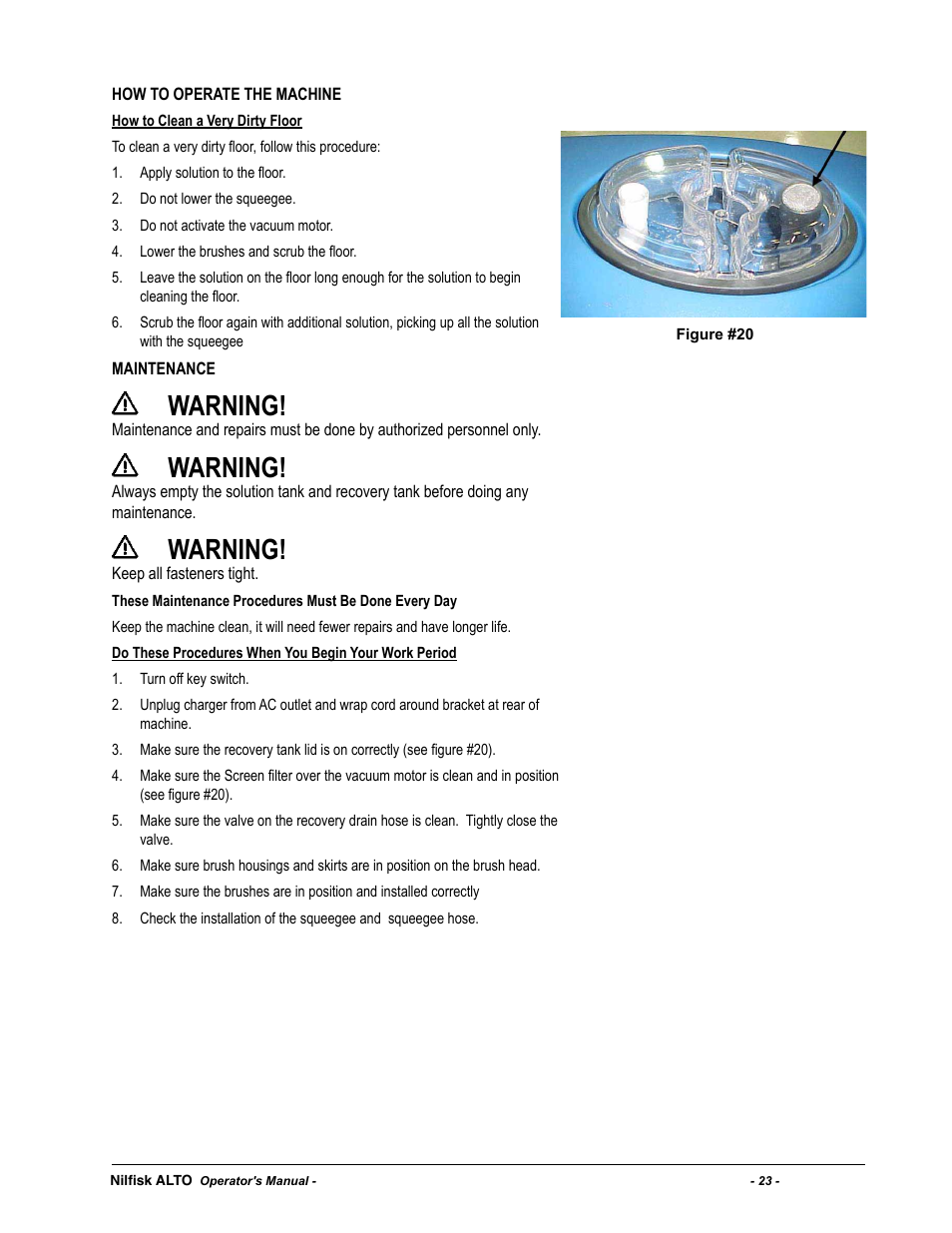 Warning | Nilfisk-ALTO SCRUBTEC 770 S 05220G User Manual | Page 23 / 68