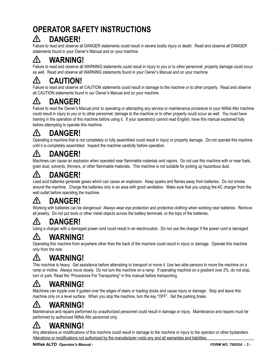 Operator safety instructions danger, Warning, Caution | Danger | Nilfisk-ALTO SCRUBTEC 770 S 05220G User Manual | Page 3 / 68