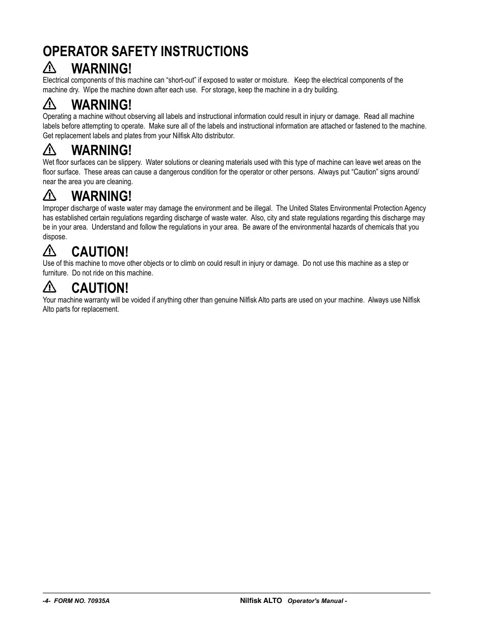 Operator safety instructions warning, Warning, Caution | Nilfisk-ALTO SCRUBTEC 770 S 05220G User Manual | Page 4 / 68