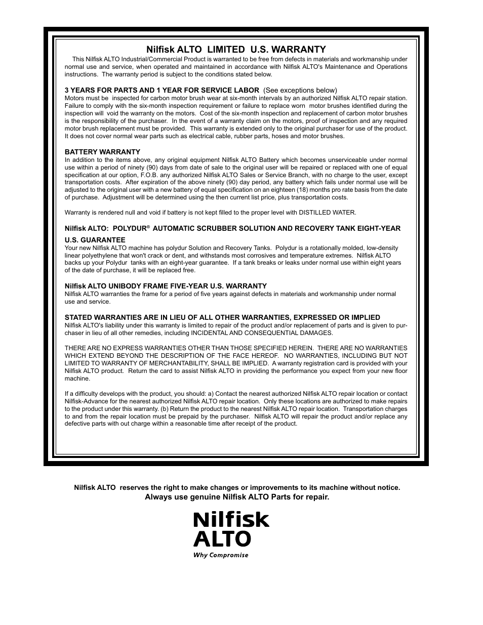 Nilfi sk alto limited u.s. warranty | Nilfisk-ALTO SCRUBTEC 770 S 05220G User Manual | Page 67 / 68