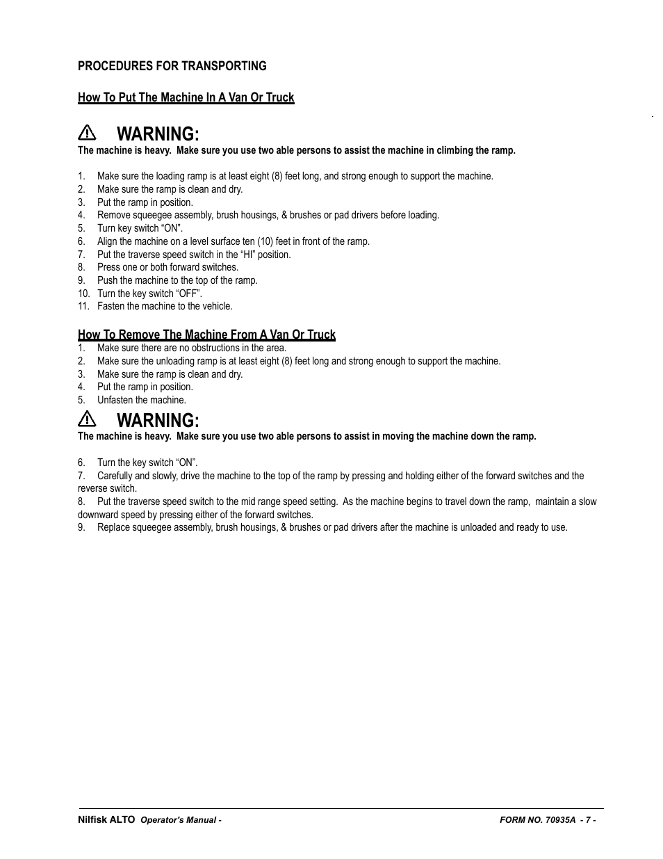 Warning | Nilfisk-ALTO SCRUBTEC 770 S 05220G User Manual | Page 7 / 68