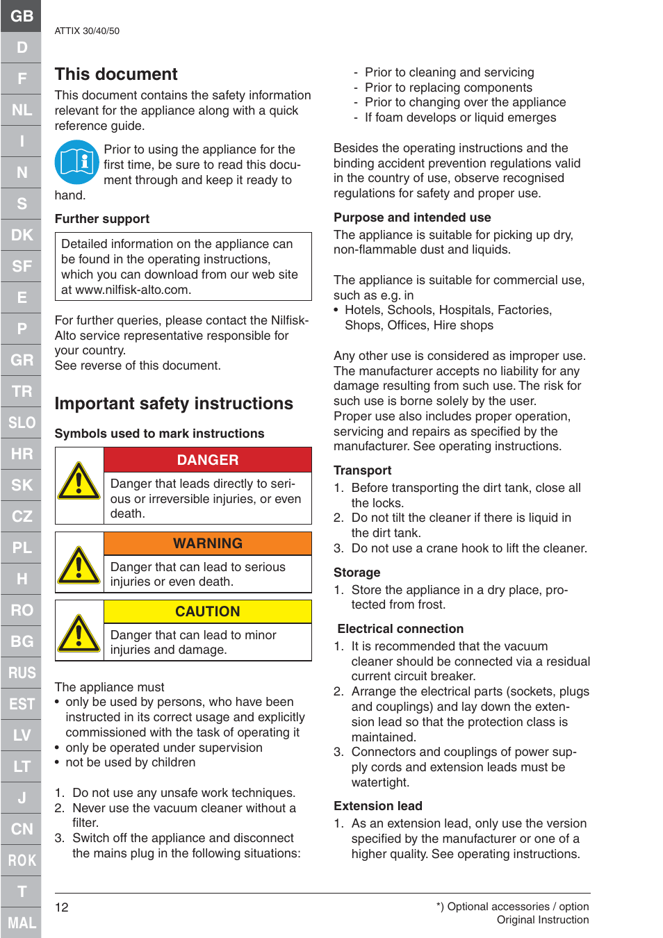 This document, Important safety instructions | Nilfisk-ALTO ATTIX 30 / PC / XC User Manual | Page 12 / 16