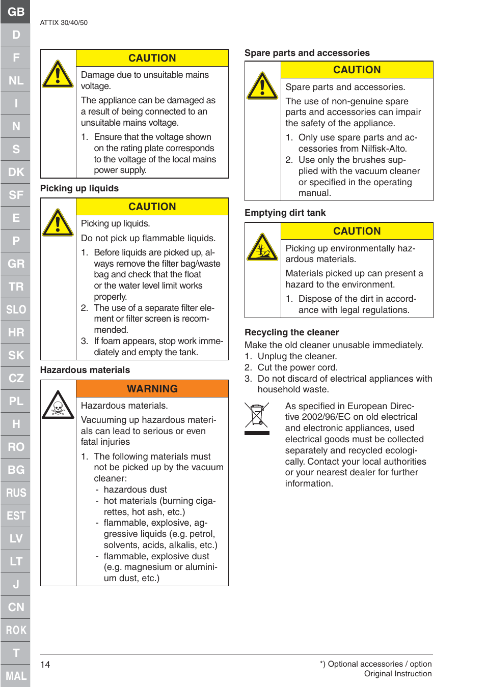 Nilfisk-ALTO ATTIX 30 / PC / XC User Manual | Page 14 / 16