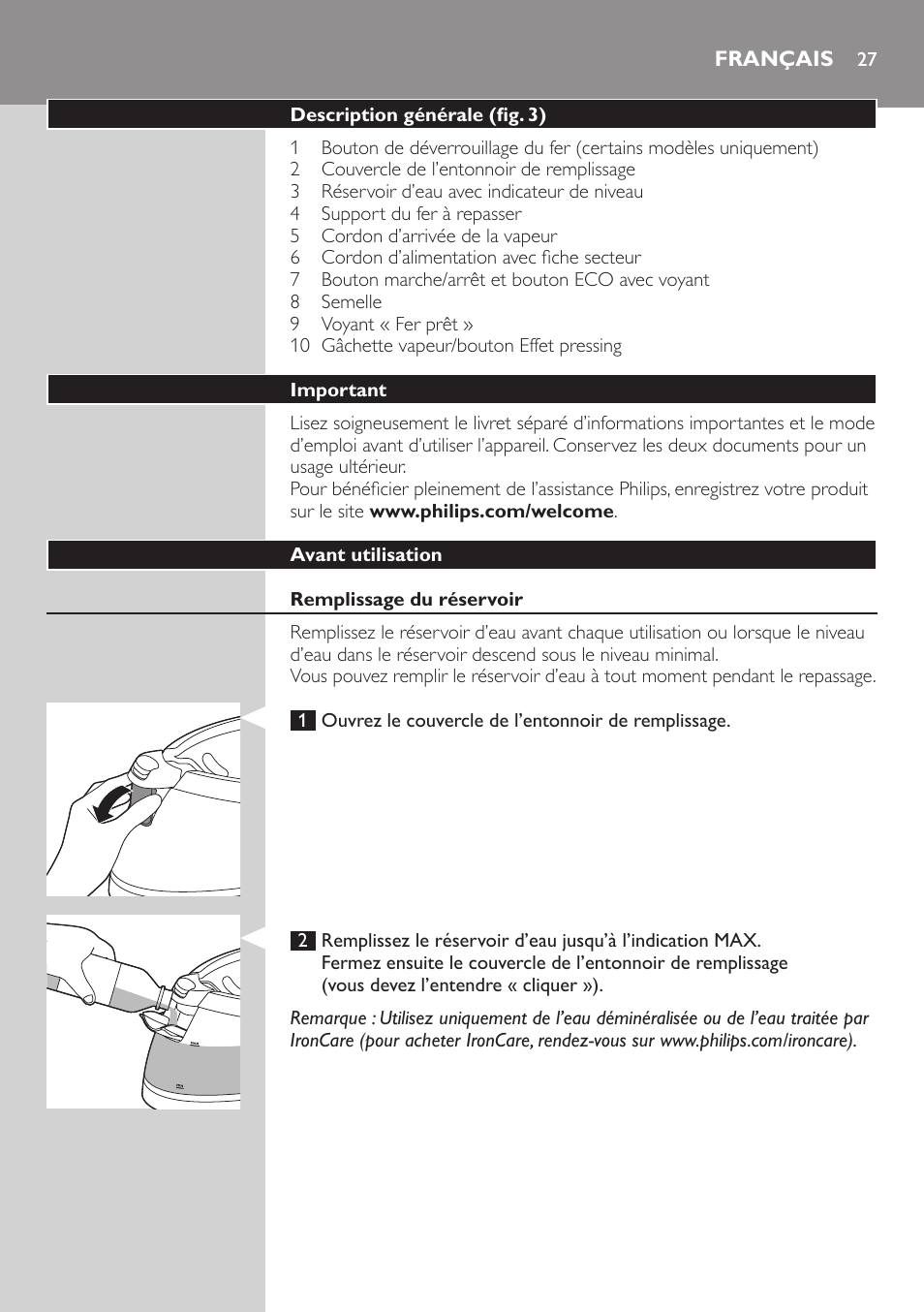 Français | Philips PerfectCare Pure Dampfbügelstation User Manual | Page 27 / 34