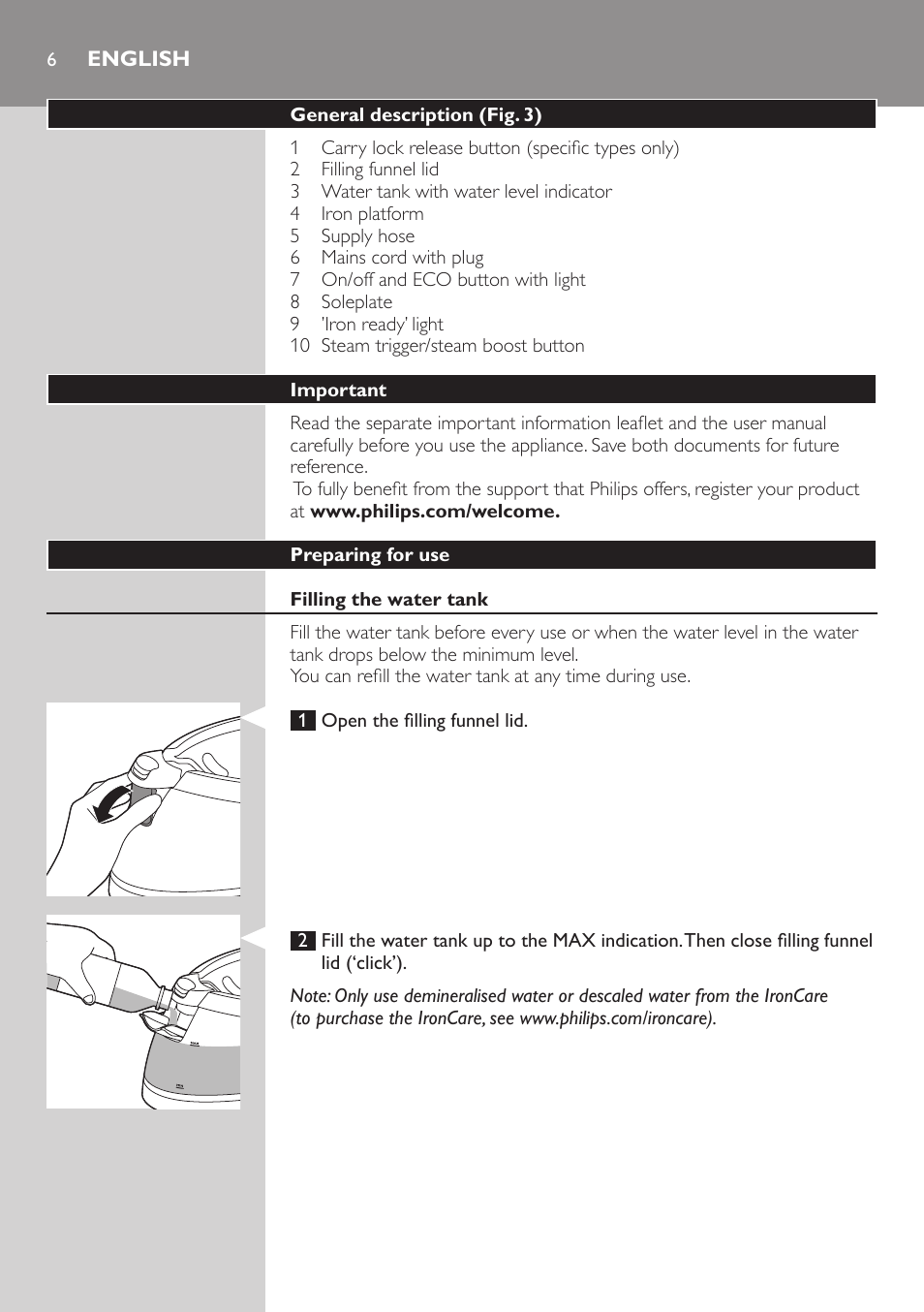 English | Philips PerfectCare Pure Dampfbügelstation User Manual | Page 6 / 34