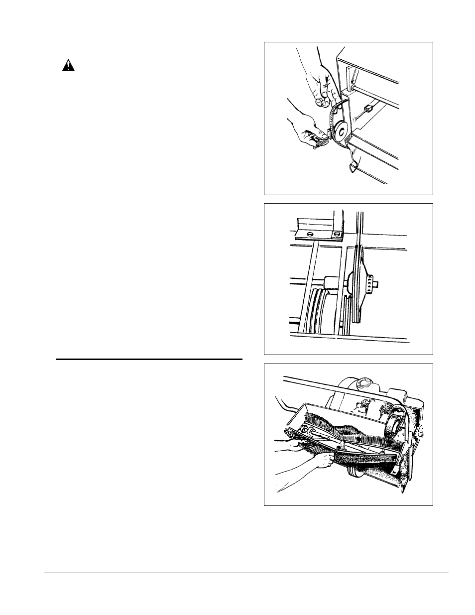 Drive belts, Main broom adjustment, Side broom belt adjustment | Friction drive wheel, Engine speed adjustment (model 28g), Installation of new main brush | Nilfisk-ALTO SPS-28 E User Manual | Page 13 / 28