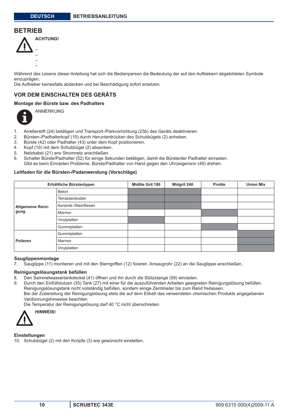Betrieb | Nilfisk-ALTO SCRUBTEC 343E User Manual | Page 12 / 76