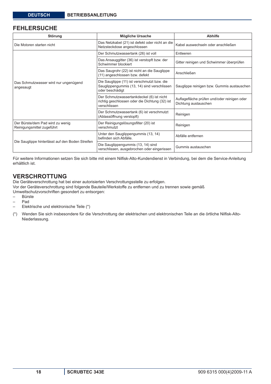 Fehlersuche, Verschrottung | Nilfisk-ALTO SCRUBTEC 343E User Manual | Page 20 / 76