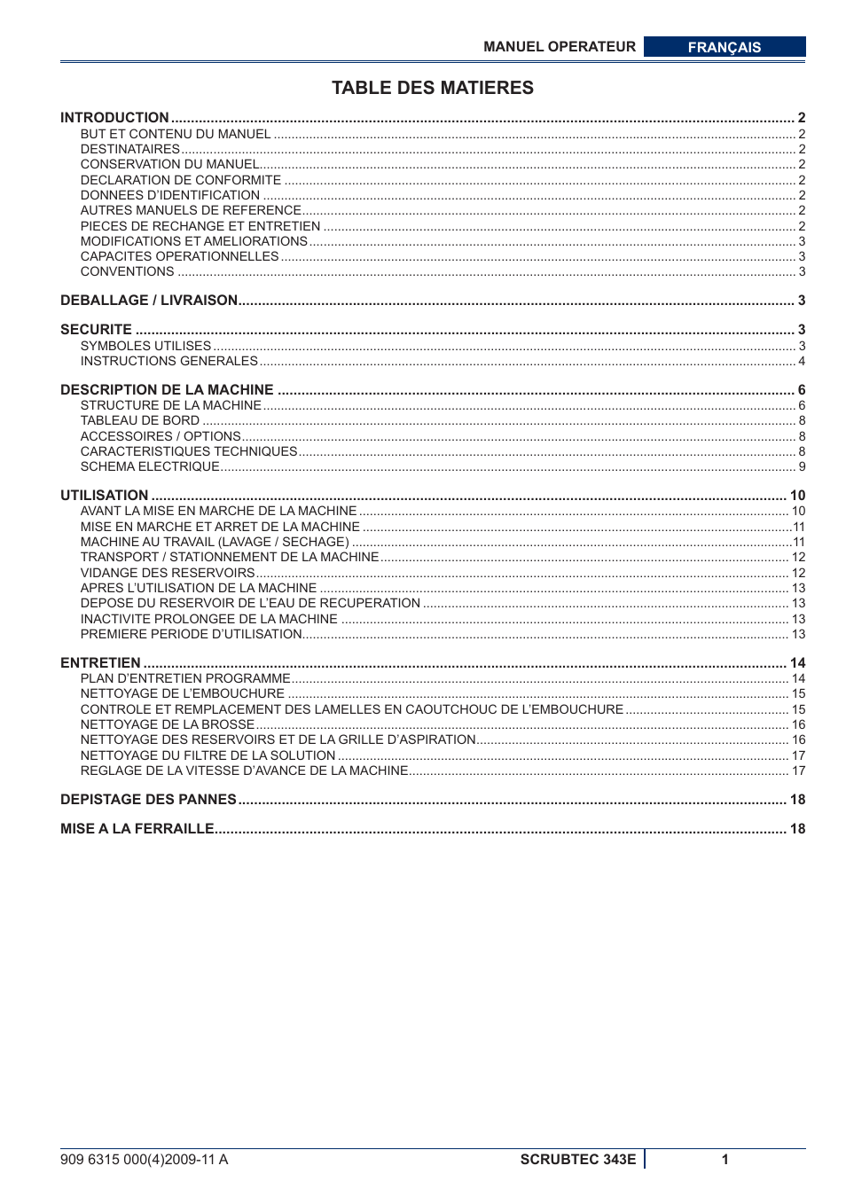 Français, Manuel d’utilisation, Instructions d’origine | Table des matieres | Nilfisk-ALTO SCRUBTEC 343E User Manual | Page 21 / 76