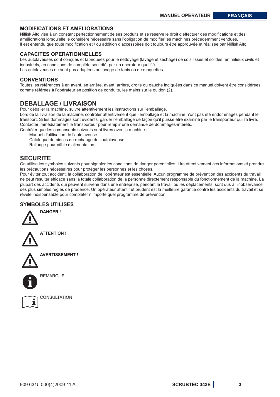 Deballage / livraison, Securite | Nilfisk-ALTO SCRUBTEC 343E User Manual | Page 23 / 76