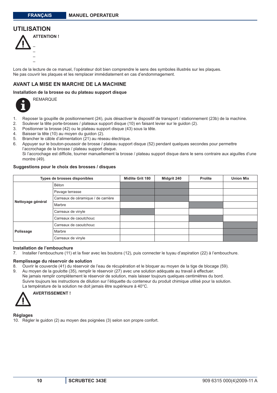 Utilisation | Nilfisk-ALTO SCRUBTEC 343E User Manual | Page 30 / 76