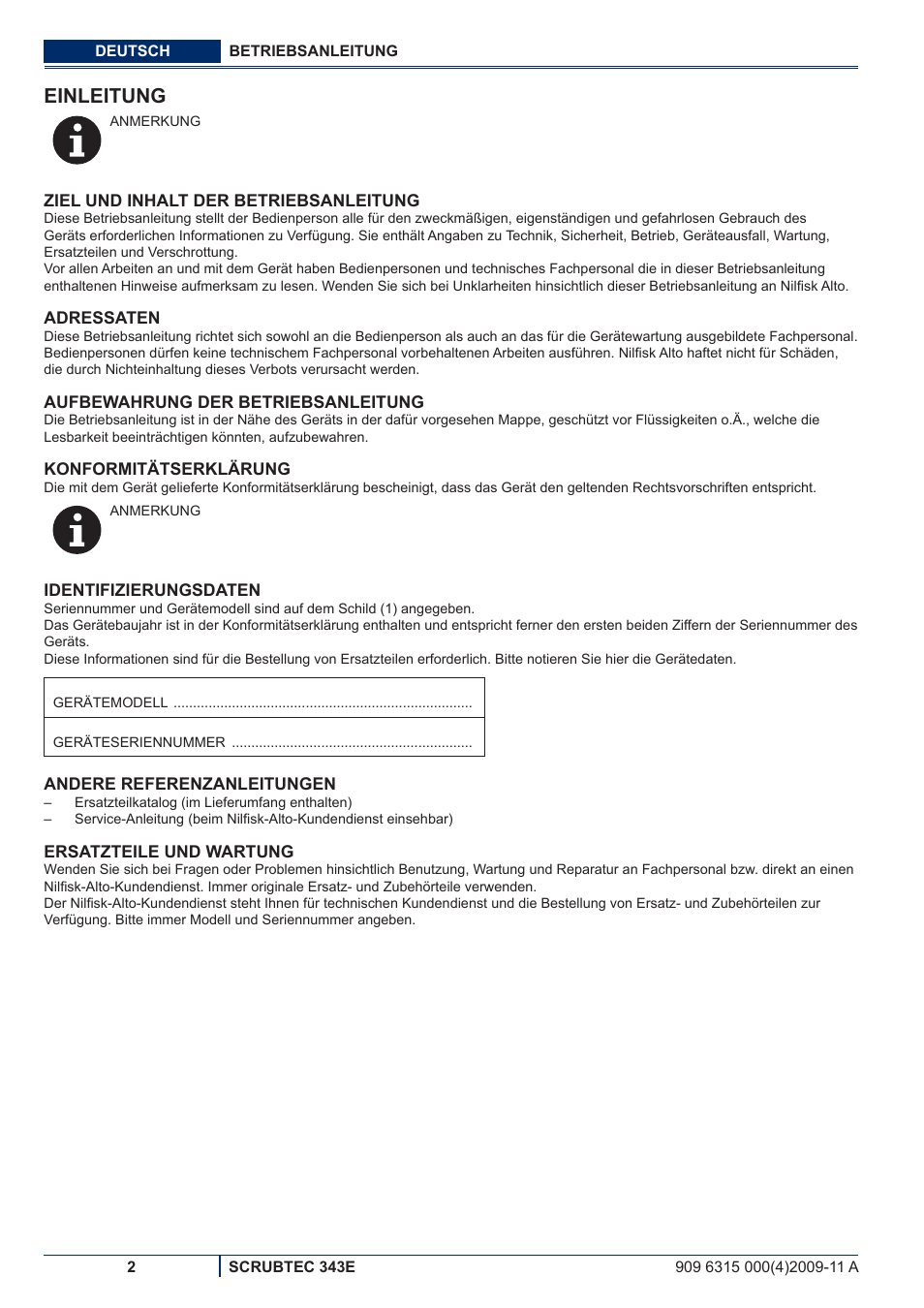 Einleitung | Nilfisk-ALTO SCRUBTEC 343E User Manual | Page 4 / 76