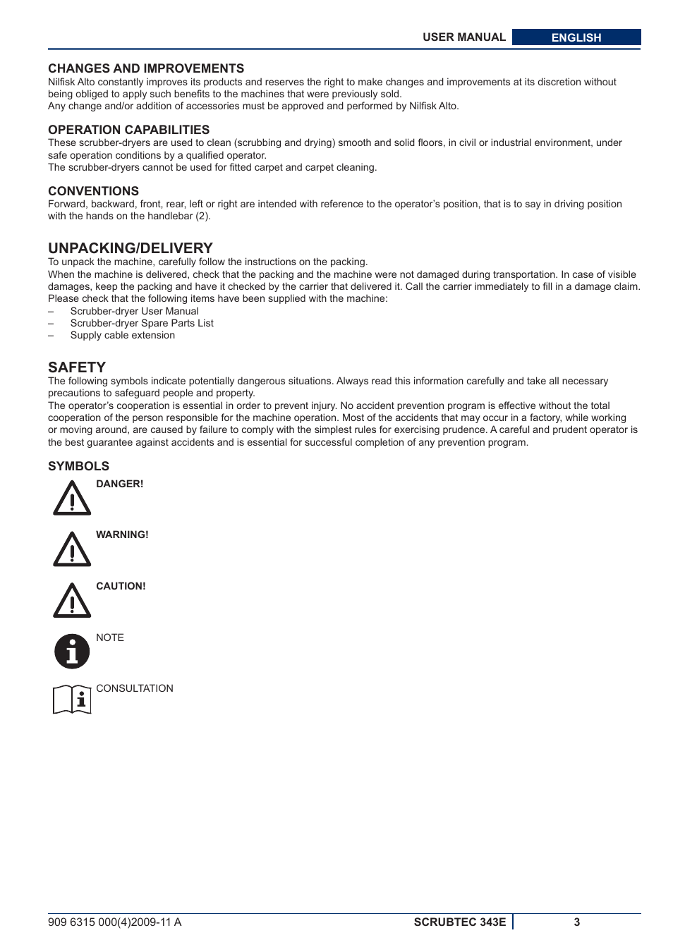 Unpacking/delivery, Safety | Nilfisk-ALTO SCRUBTEC 343E User Manual | Page 41 / 76