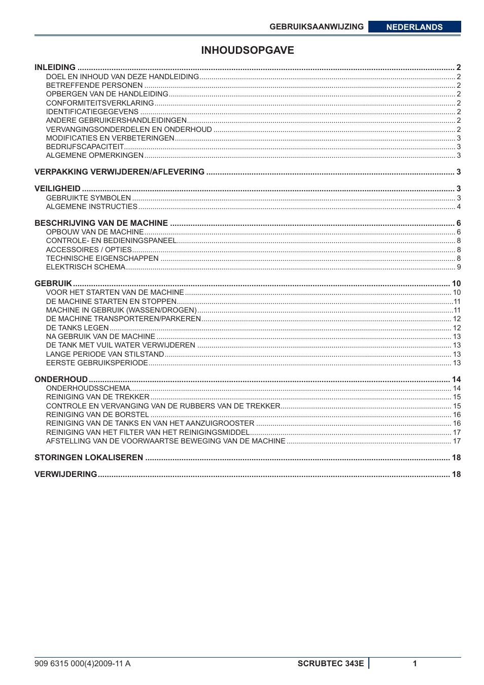 Nederlands, Gebruiksaanwijzing, Originele instructies | Inhoudsopgave | Nilfisk-ALTO SCRUBTEC 343E User Manual | Page 57 / 76