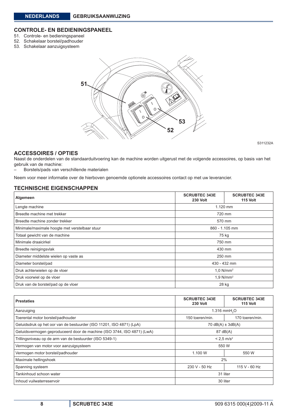 Controle- en bedieningspaneel, Accessoires / opties, Technische eigenschappen | Nilfisk-ALTO SCRUBTEC 343E User Manual | Page 64 / 76