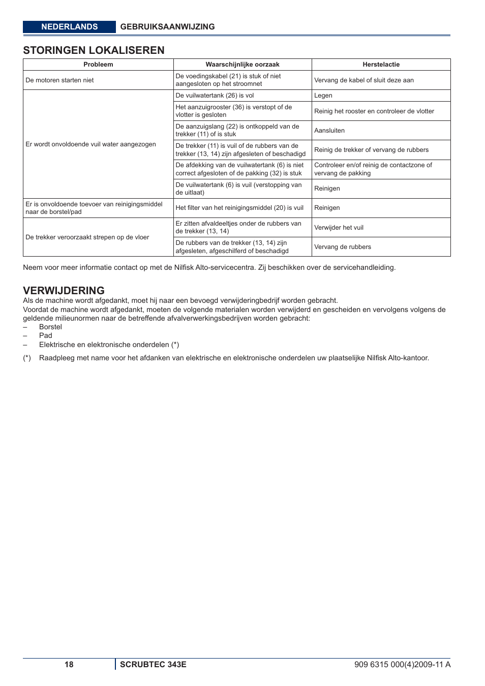 Storingen lokaliseren, Verwijdering | Nilfisk-ALTO SCRUBTEC 343E User Manual | Page 74 / 76