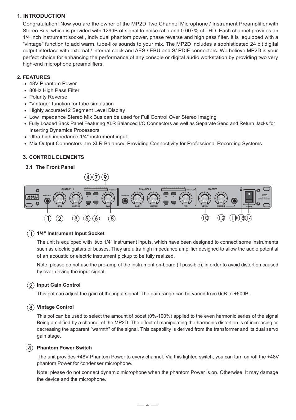 Introduction, Control elements 3.1 the front panel, Gain stage | Nilfisk-ALTO MP2D User Manual | Page 5 / 12