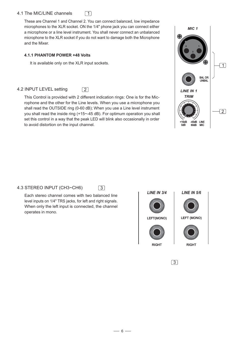 1 the mic/line channels 2 4.2 input level setting, 3 stereo input (ch3~ch6) | Nilfisk-ALTO S-6 User Manual | Page 7 / 18