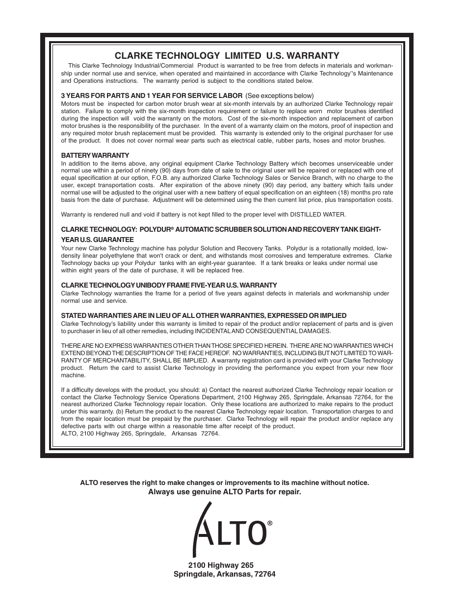Clarke technology limited u.s. warranty | Nilfisk-ALTO R 571 User Manual | Page 72 / 72
