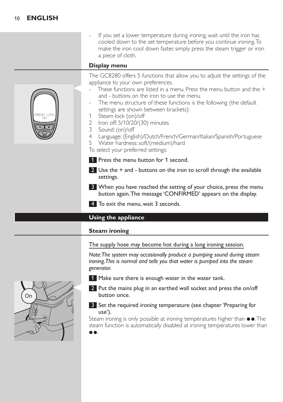 Display menu, Using the appliance, Steam ironing | Philips Dampfbügelstation User Manual | Page 10 / 194