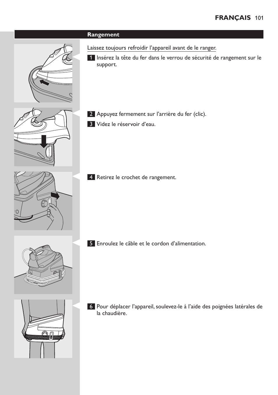 Rangement | Philips Dampfbügelstation User Manual | Page 101 / 194