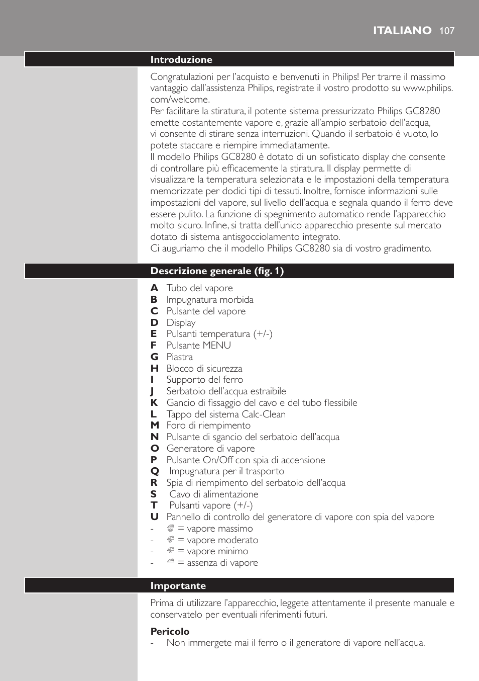 Pericolo, Italiano, Introduzione | Descrizione generale (fig. 1), Importante | Philips Dampfbügelstation User Manual | Page 107 / 194