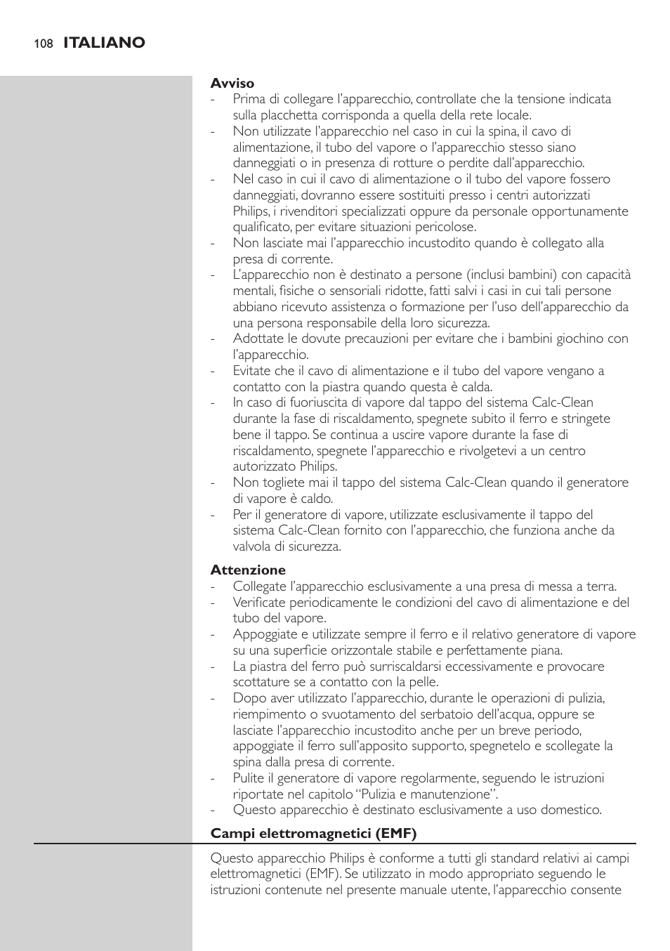 Avviso, Attenzione, Campi elettromagnetici (emf) | Philips Dampfbügelstation User Manual | Page 108 / 194