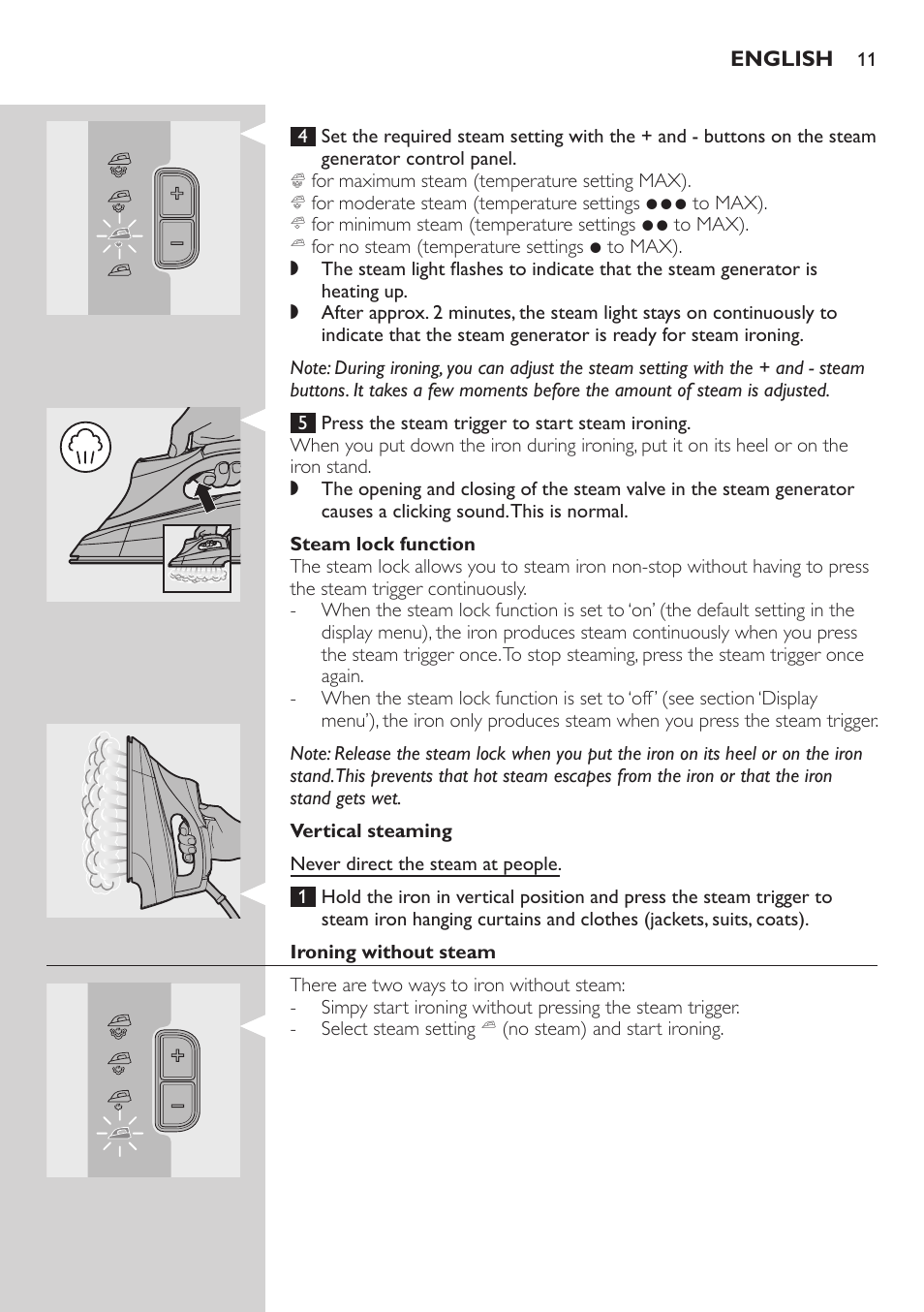 Steam lock function, Vertical steaming, Ironing without steam | Philips Dampfbügelstation User Manual | Page 11 / 194