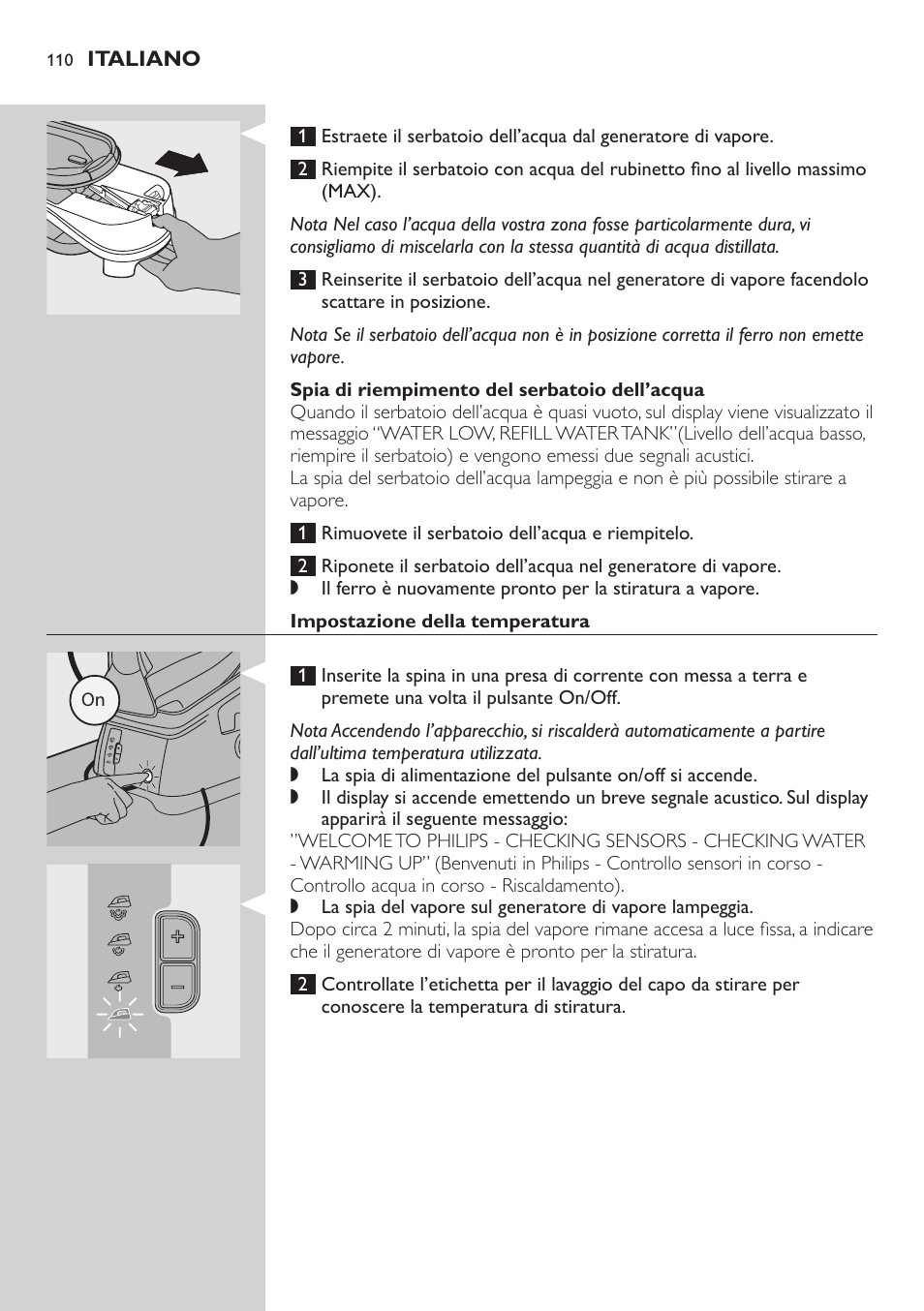 Spia di riempimento del serbatoio dell’acqua, Impostazione della temperatura | Philips Dampfbügelstation User Manual | Page 110 / 194