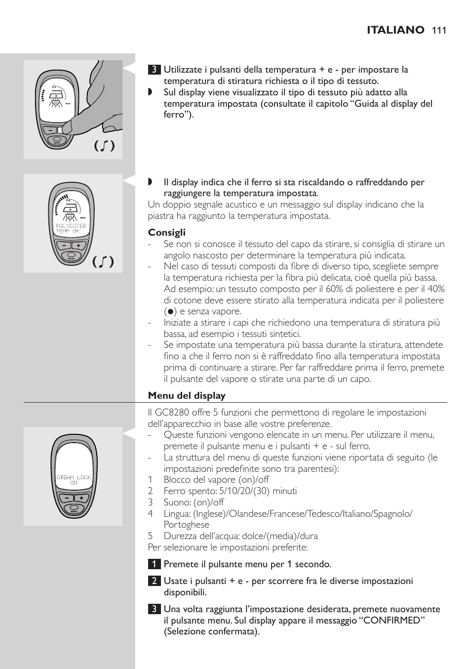 Consigli, Menu del display | Philips Dampfbügelstation User Manual | Page 111 / 194