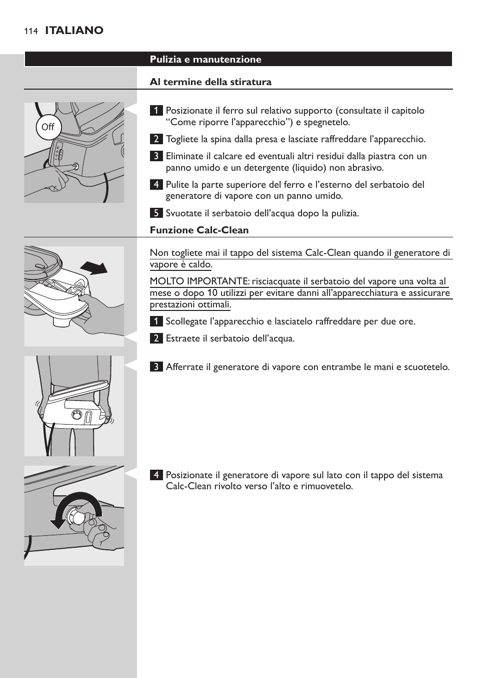 Pulizia e manutenzione, Al termine della stiratura, Funzione calc-clean | Philips Dampfbügelstation User Manual | Page 114 / 194