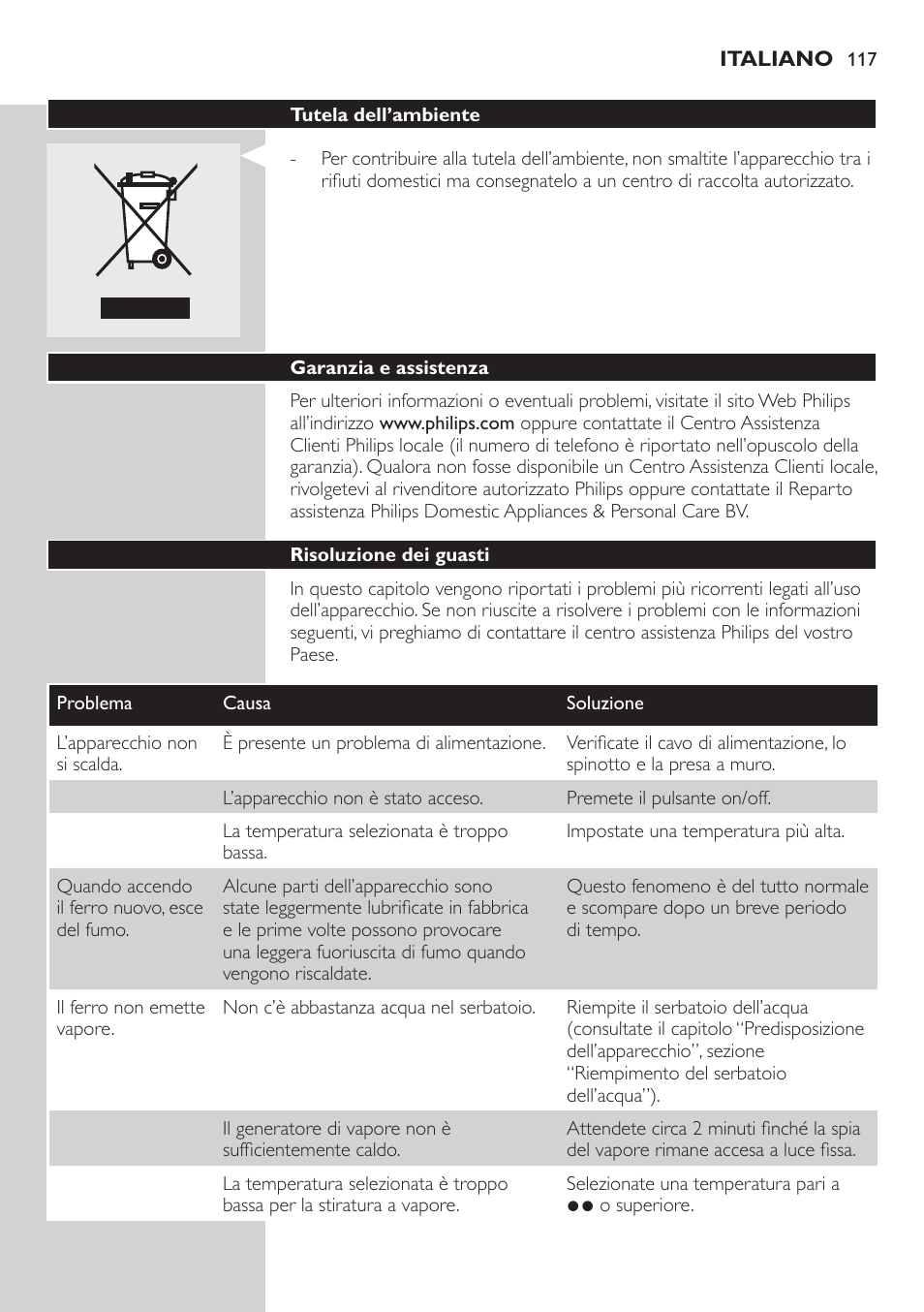 Tutela dell’ambiente, Garanzia e assistenza, Risoluzione dei guasti | Philips Dampfbügelstation User Manual | Page 117 / 194