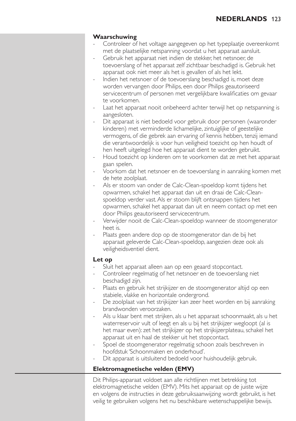 Waarschuwing, Let op, Elektromagnetische velden (emv) | Philips Dampfbügelstation User Manual | Page 123 / 194