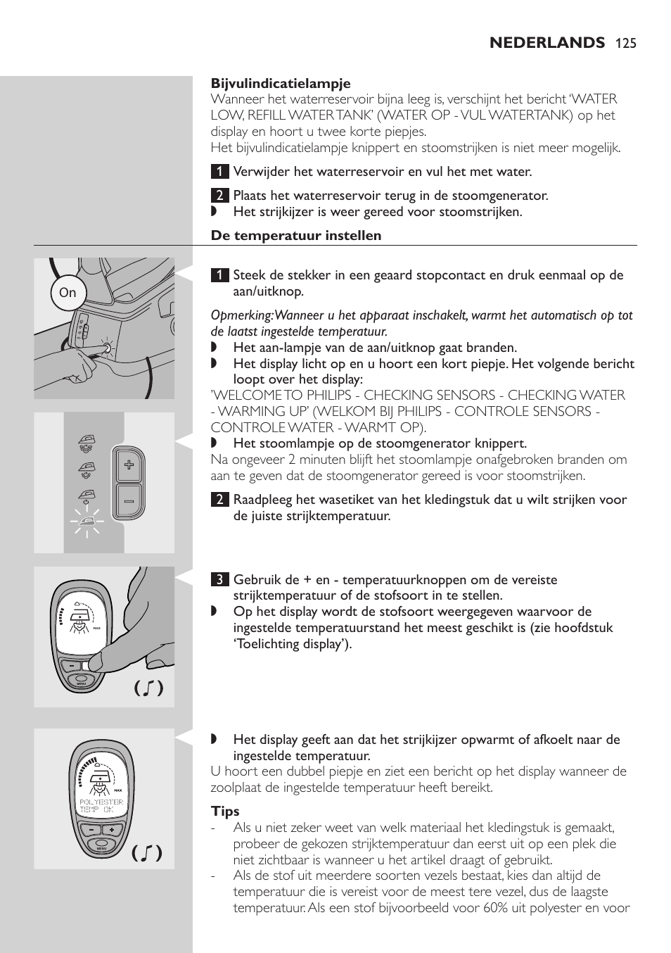 Bijvulindicatielampje, De temperatuur instellen, Tips | Philips Dampfbügelstation User Manual | Page 125 / 194