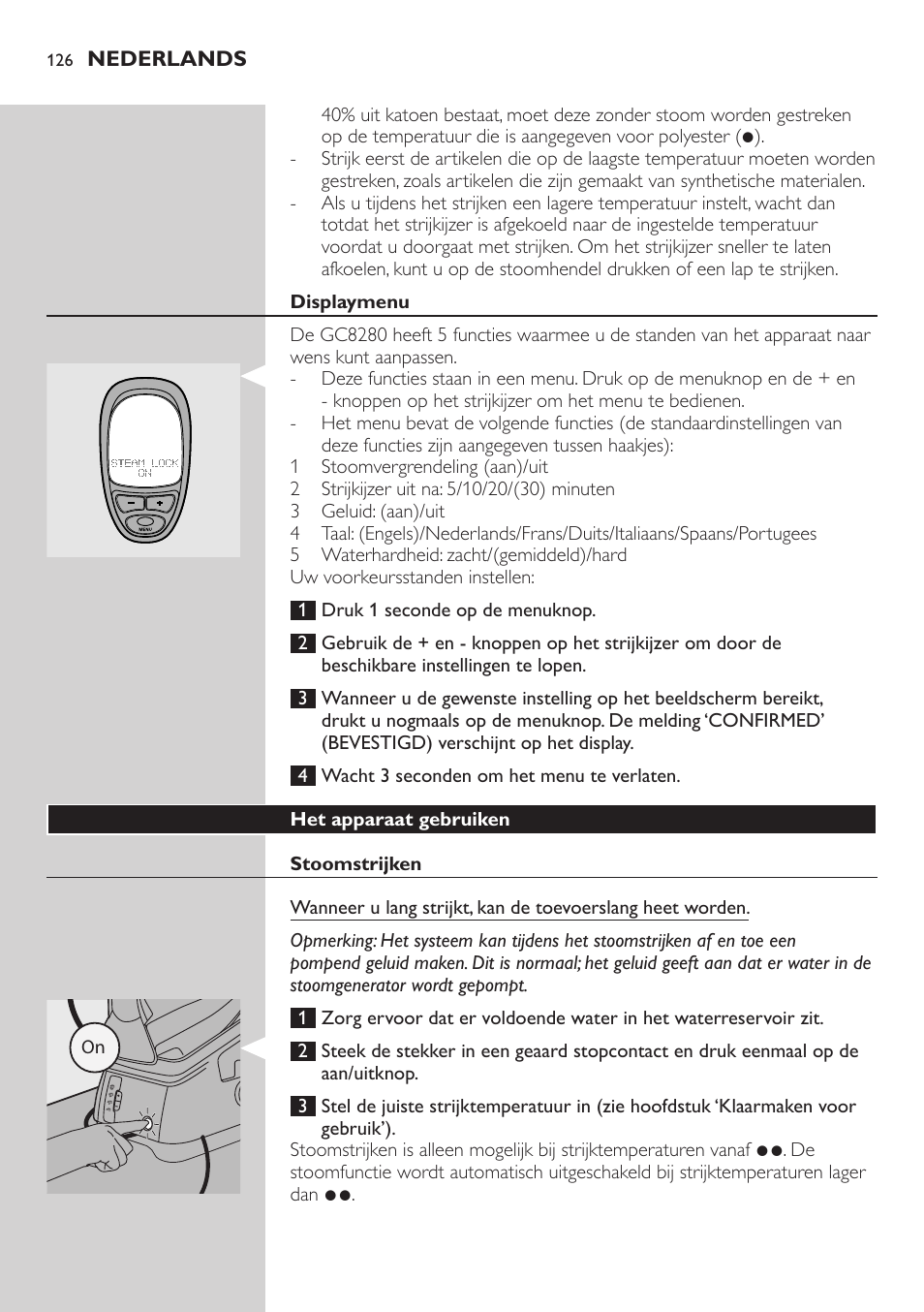 Displaymenu, Het apparaat gebruiken, Stoomstrijken | Philips Dampfbügelstation User Manual | Page 126 / 194