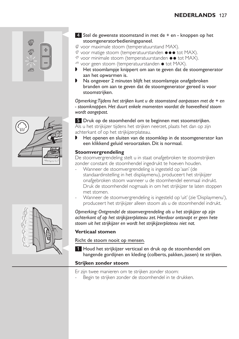 Stoomvergrendeling, Verticaal stomen, Strijken zonder stoom | Philips Dampfbügelstation User Manual | Page 127 / 194