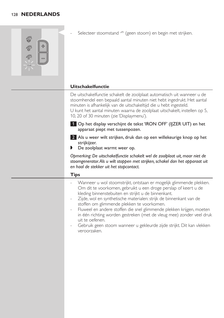 Uitschakelfunctie, Tips | Philips Dampfbügelstation User Manual | Page 128 / 194