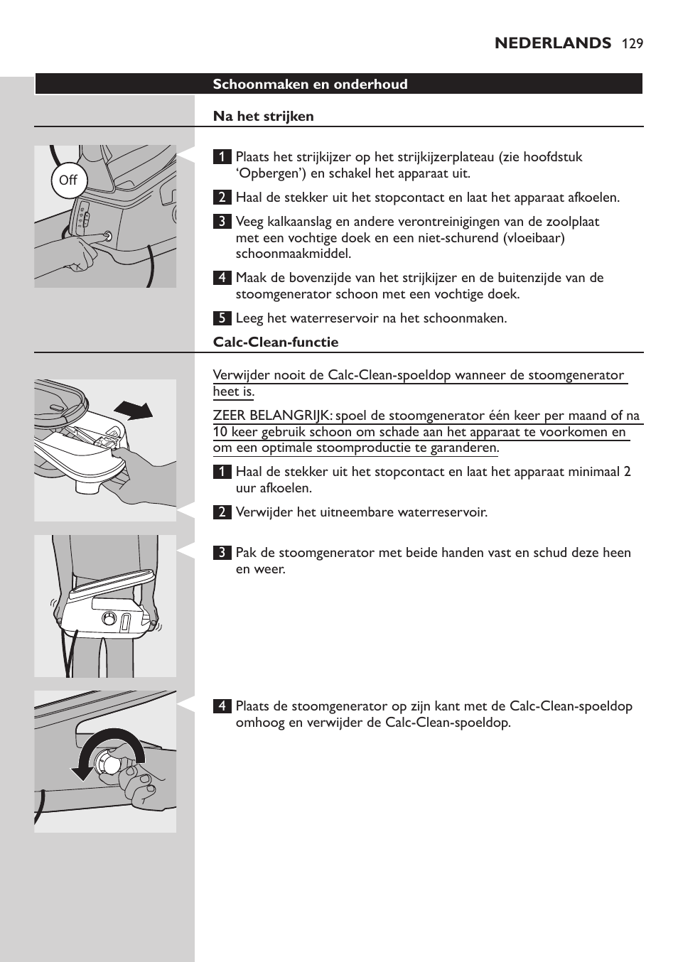 Schoonmaken en onderhoud, Na het strijken, Calc-clean-functie | Philips Dampfbügelstation User Manual | Page 129 / 194