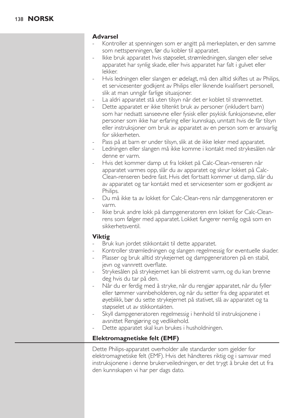 Advarsel, Viktig, Elektromagnetiske felt (emf) | Philips Dampfbügelstation User Manual | Page 138 / 194