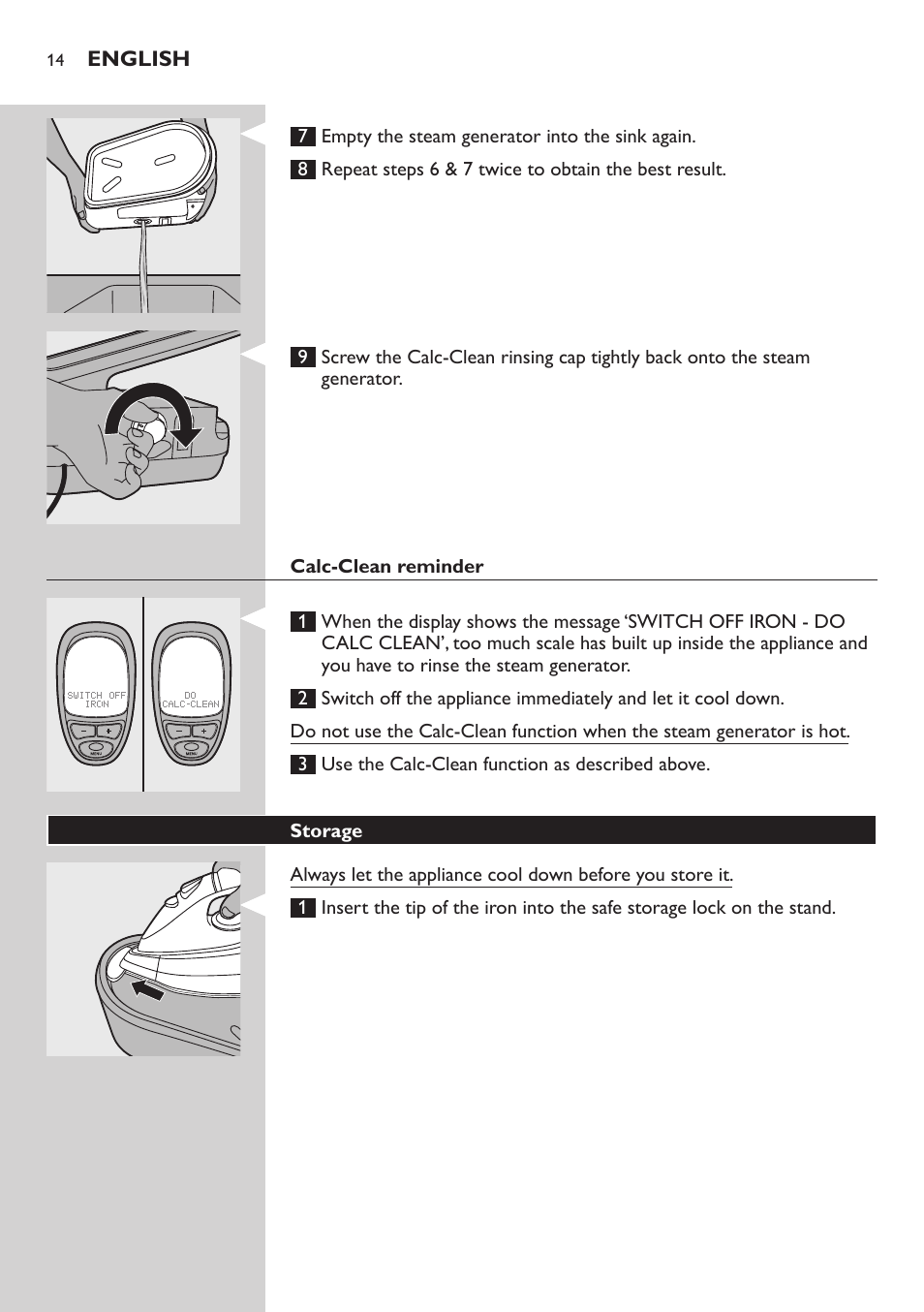 Calc-clean reminder, Storage | Philips Dampfbügelstation User Manual | Page 14 / 194