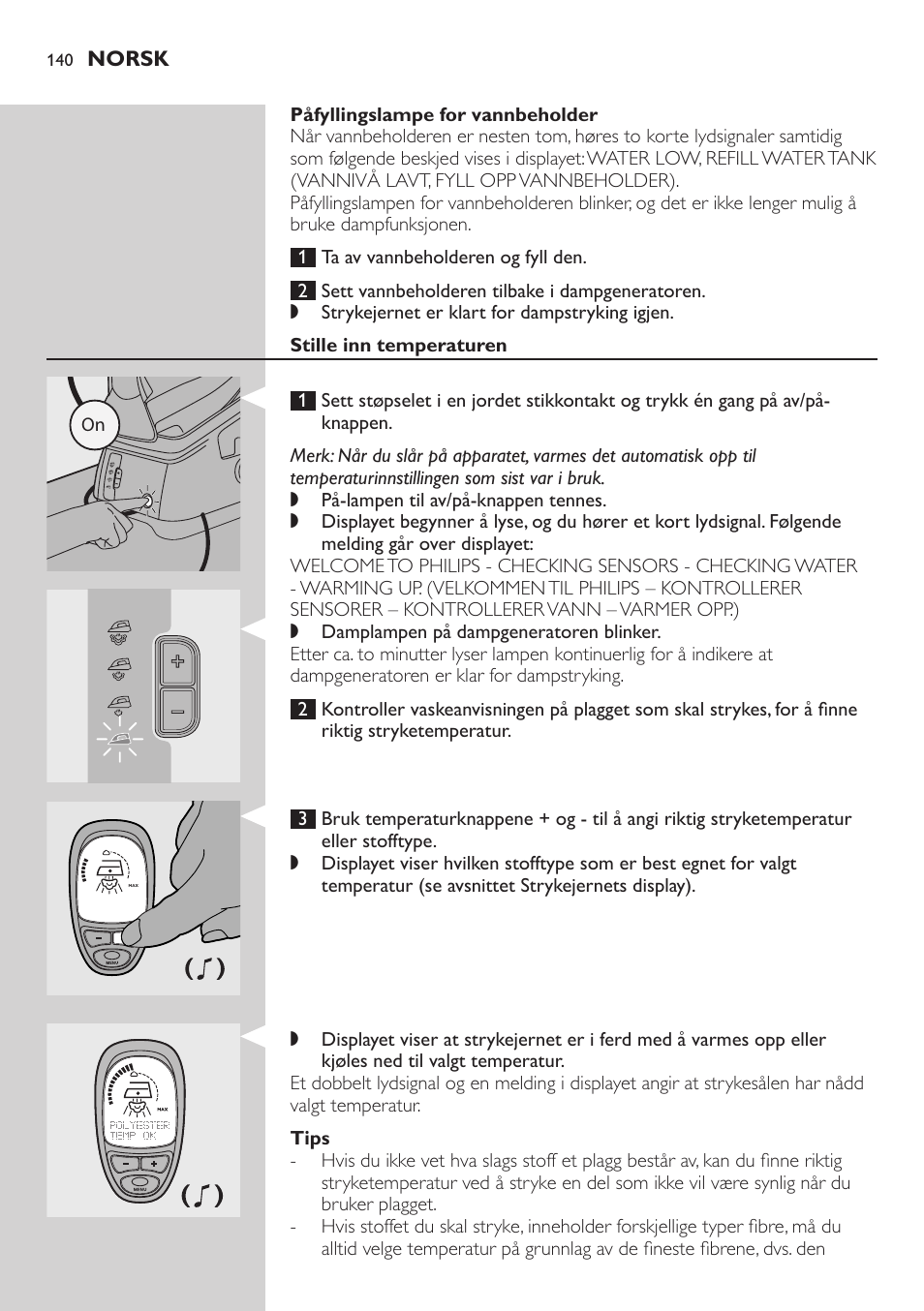 Påfyllingslampe for vannbeholder, Stille inn temperaturen, Tips | Philips Dampfbügelstation User Manual | Page 140 / 194