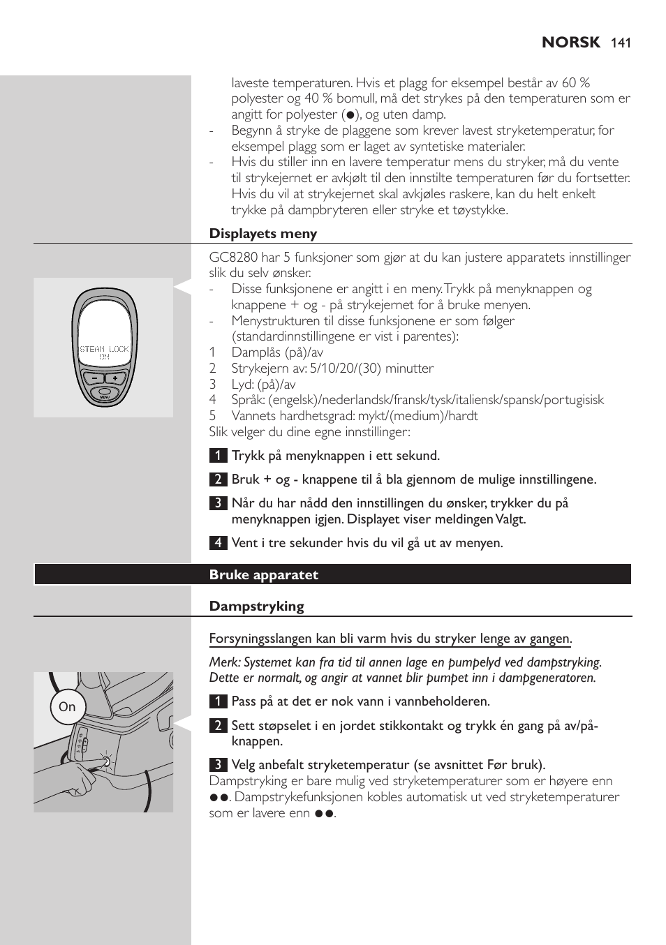 Displayets meny, Bruke apparatet, Dampstryking | Philips Dampfbügelstation User Manual | Page 141 / 194