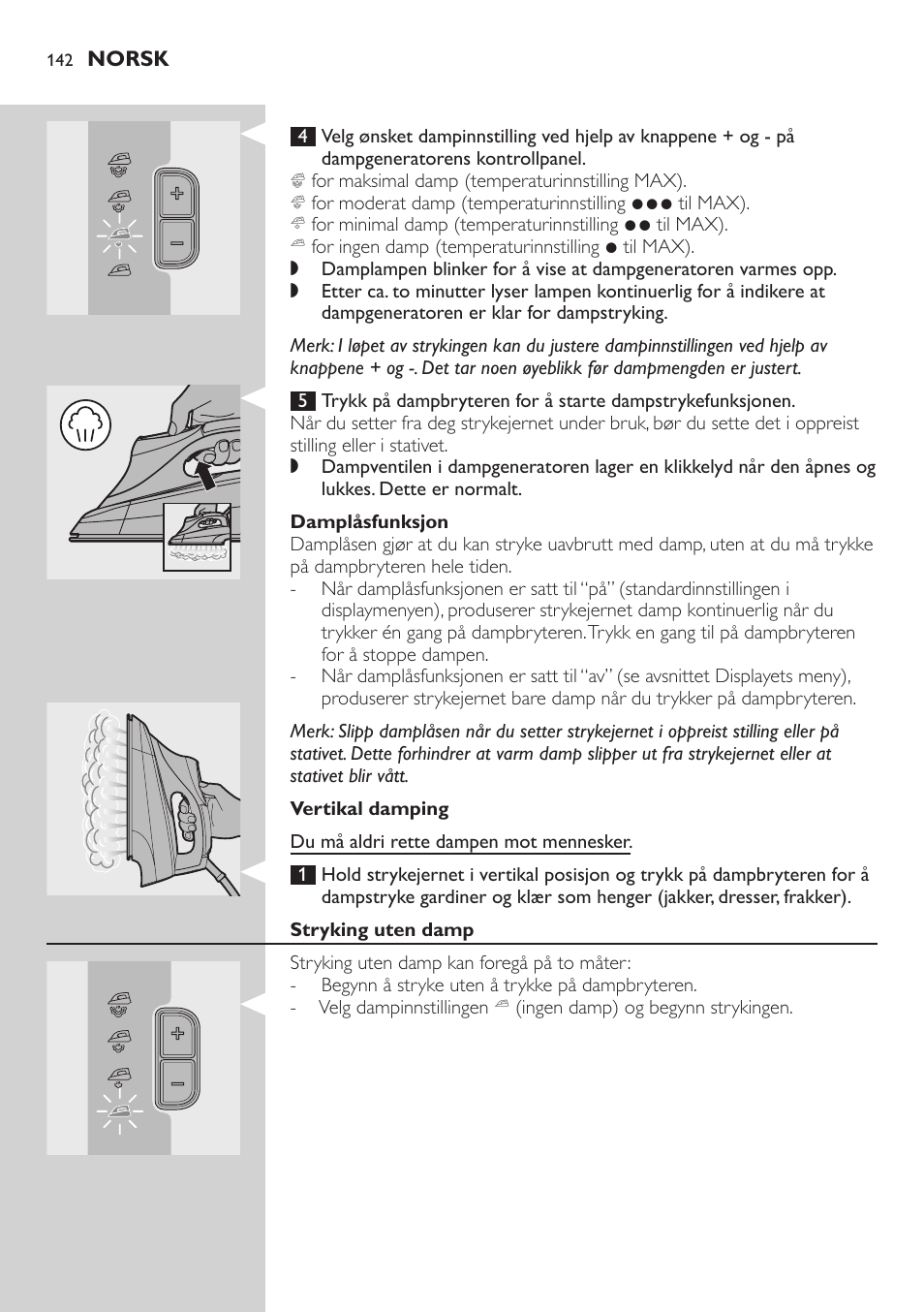 Damplåsfunksjon, Vertikal damping, Stryking uten damp | Philips Dampfbügelstation User Manual | Page 142 / 194