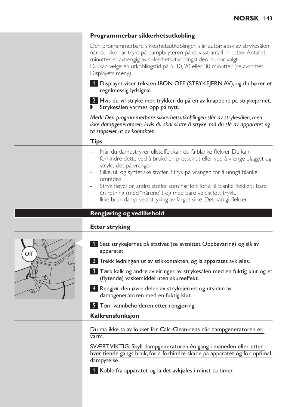 Programmerbar sikkerhetsutkobling, Tips, Rengjøring og vedlikehold | Etter stryking, Kalkrensfunksjon | Philips Dampfbügelstation User Manual | Page 143 / 194