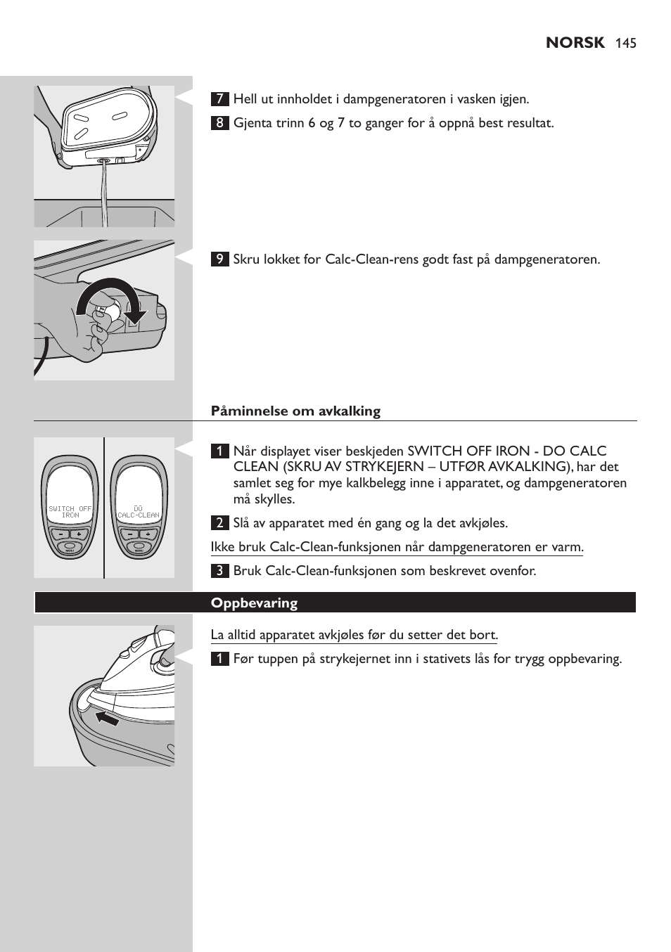 Påminnelse om avkalking, Oppbevaring | Philips Dampfbügelstation User Manual | Page 145 / 194