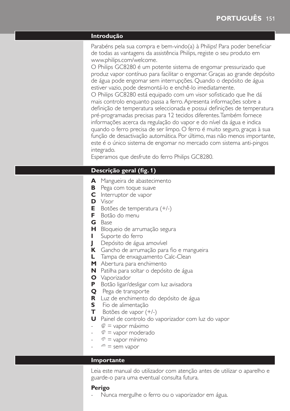 Perigo, Português, Introdução | Descrição geral (fig. 1), Importante | Philips Dampfbügelstation User Manual | Page 151 / 194