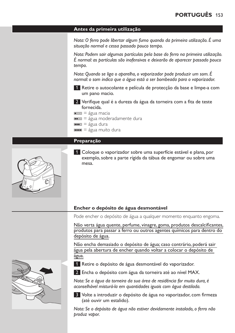 Antes da primeira utilização, Preparação, Encher o depósito de água desmontável | Philips Dampfbügelstation User Manual | Page 153 / 194